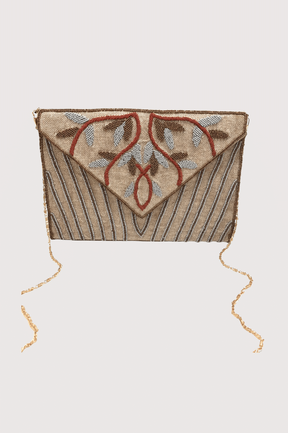 Jute Gold And Silver Beaded Stripes With Red Vines Clutch