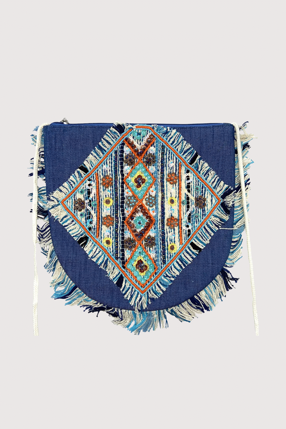 Navy Fringe Multi Color Beaded Bucket Bag