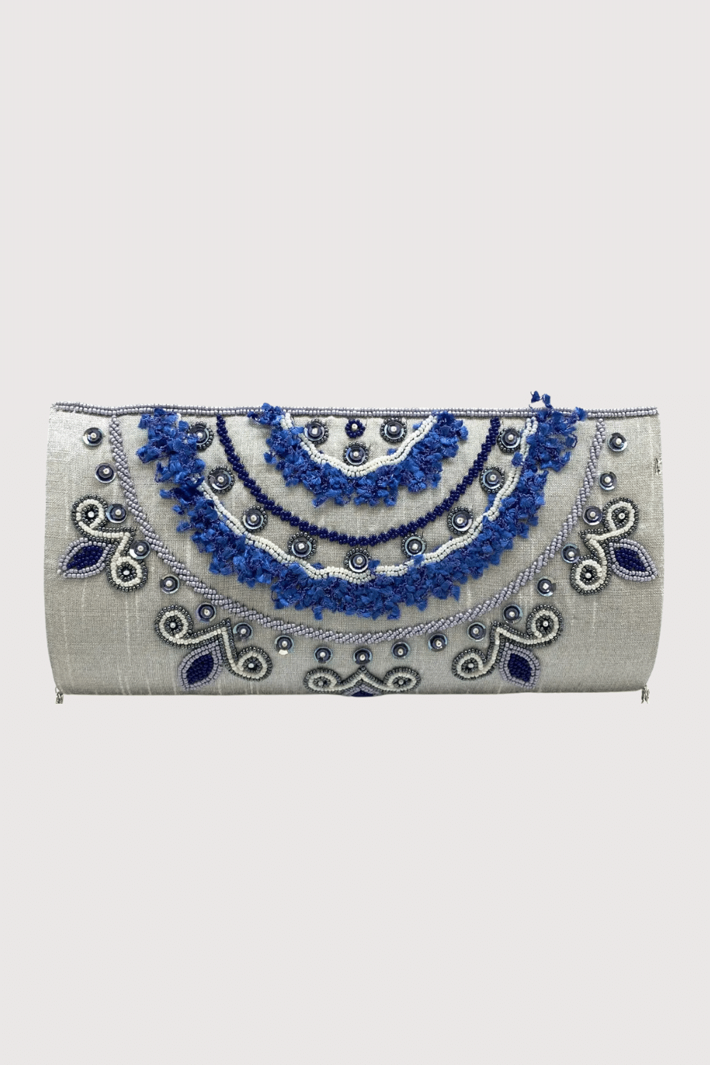 Gray Fabric Clutch With Blue Beaded Henna Design