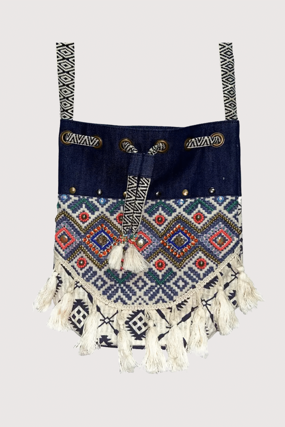 Blue And Coral Pattern Beaded Bucket Bag With Fringe