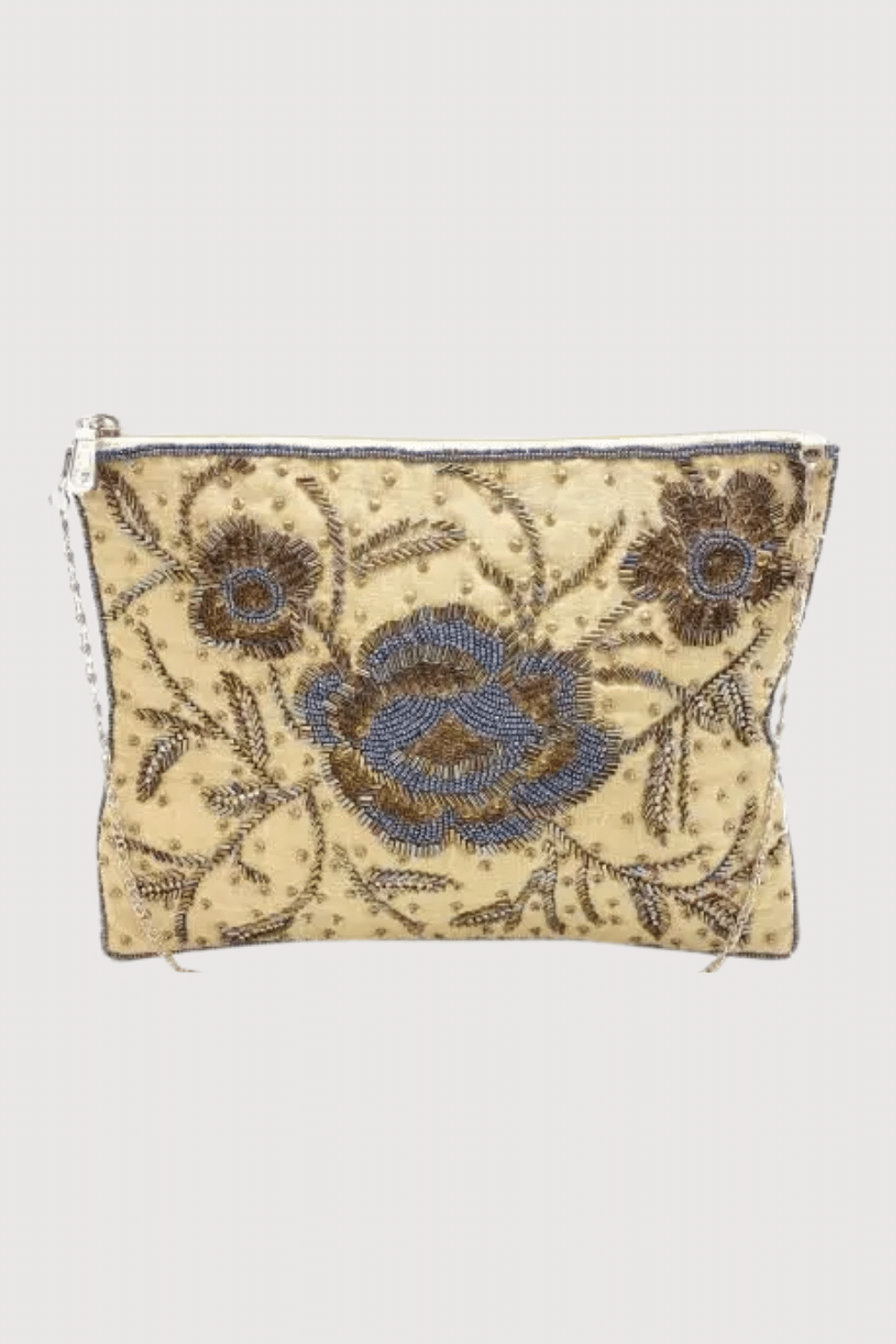 Tan Clutch With Blue And Brown Beaded Flowers