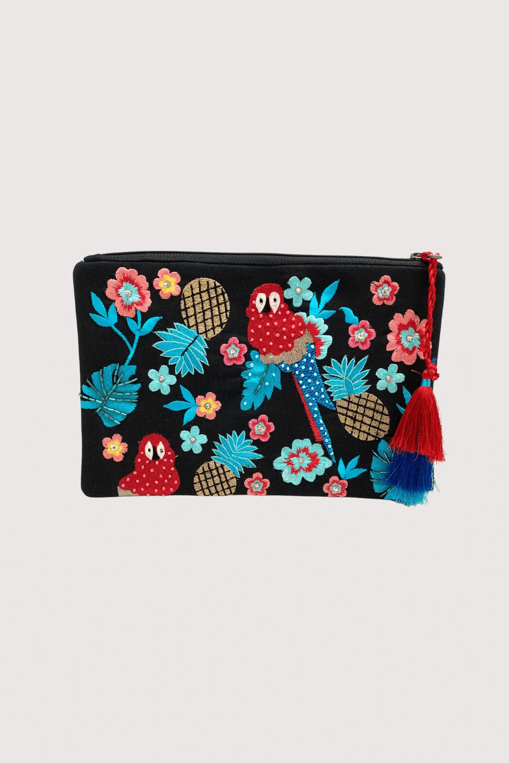 Zipper Top Black Fabric Embroidered Parrot Clutch