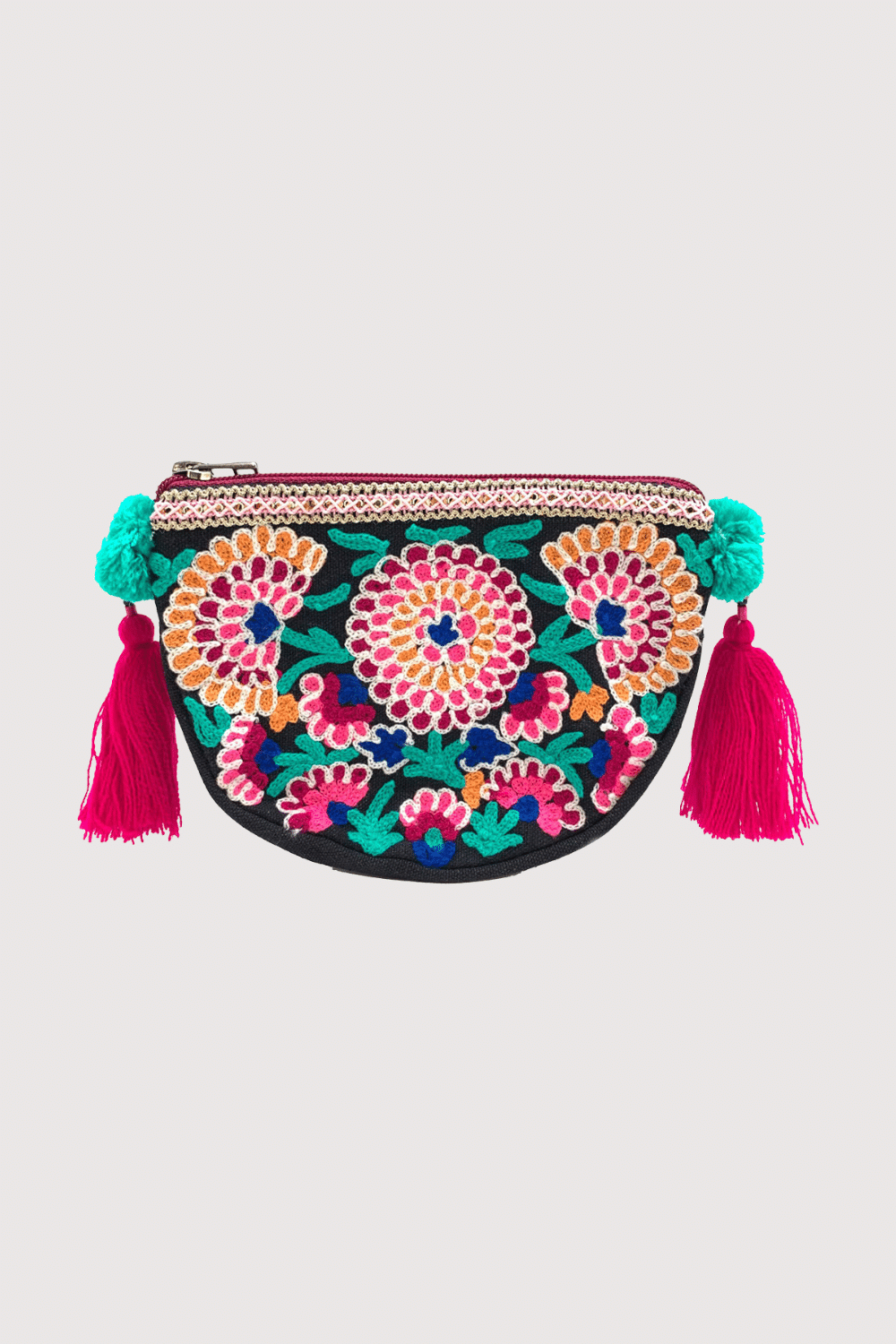 Tropical Bloom Hand Embroidered Pouch With Tassels