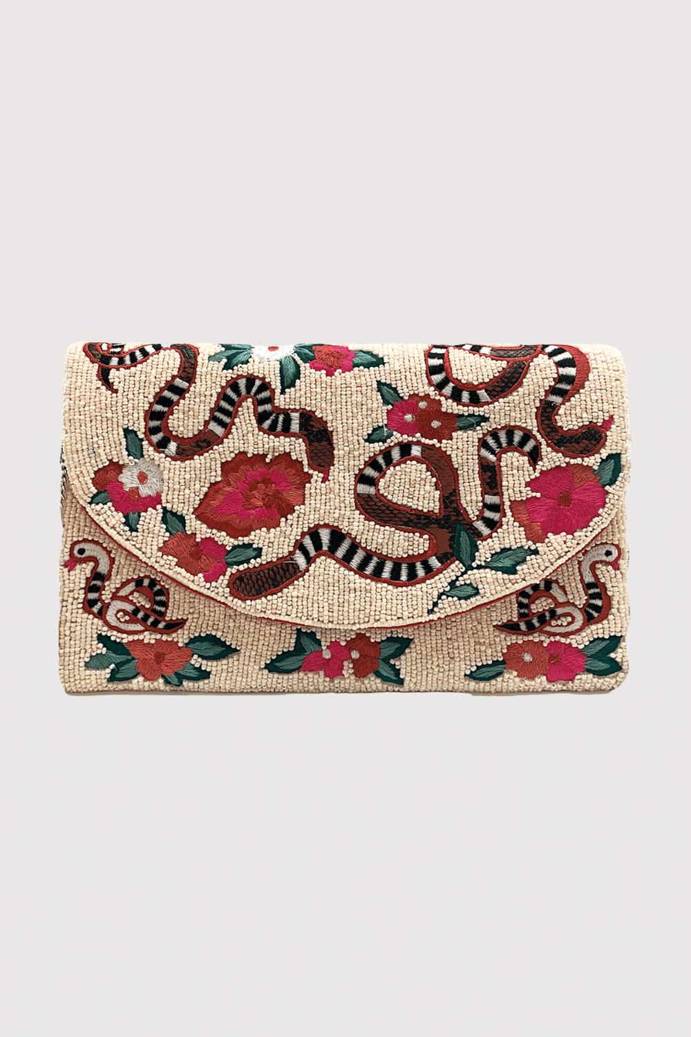 Cream Beaded Clutch With Floral And Snake Embroidery