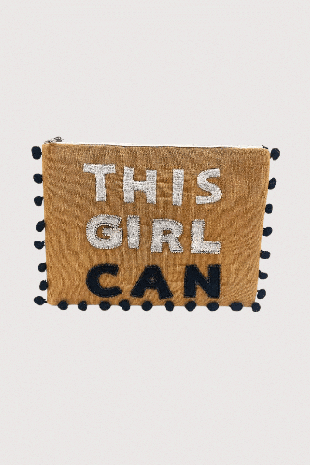 This Girl Can Neutral Clutch Zip Top With Pom Poms