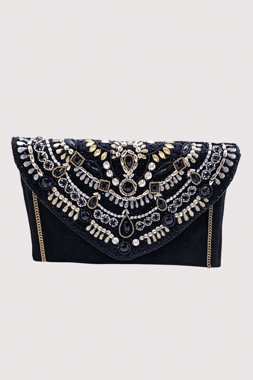 Black Fabric Clutch With Gold, Silver And Black Gems