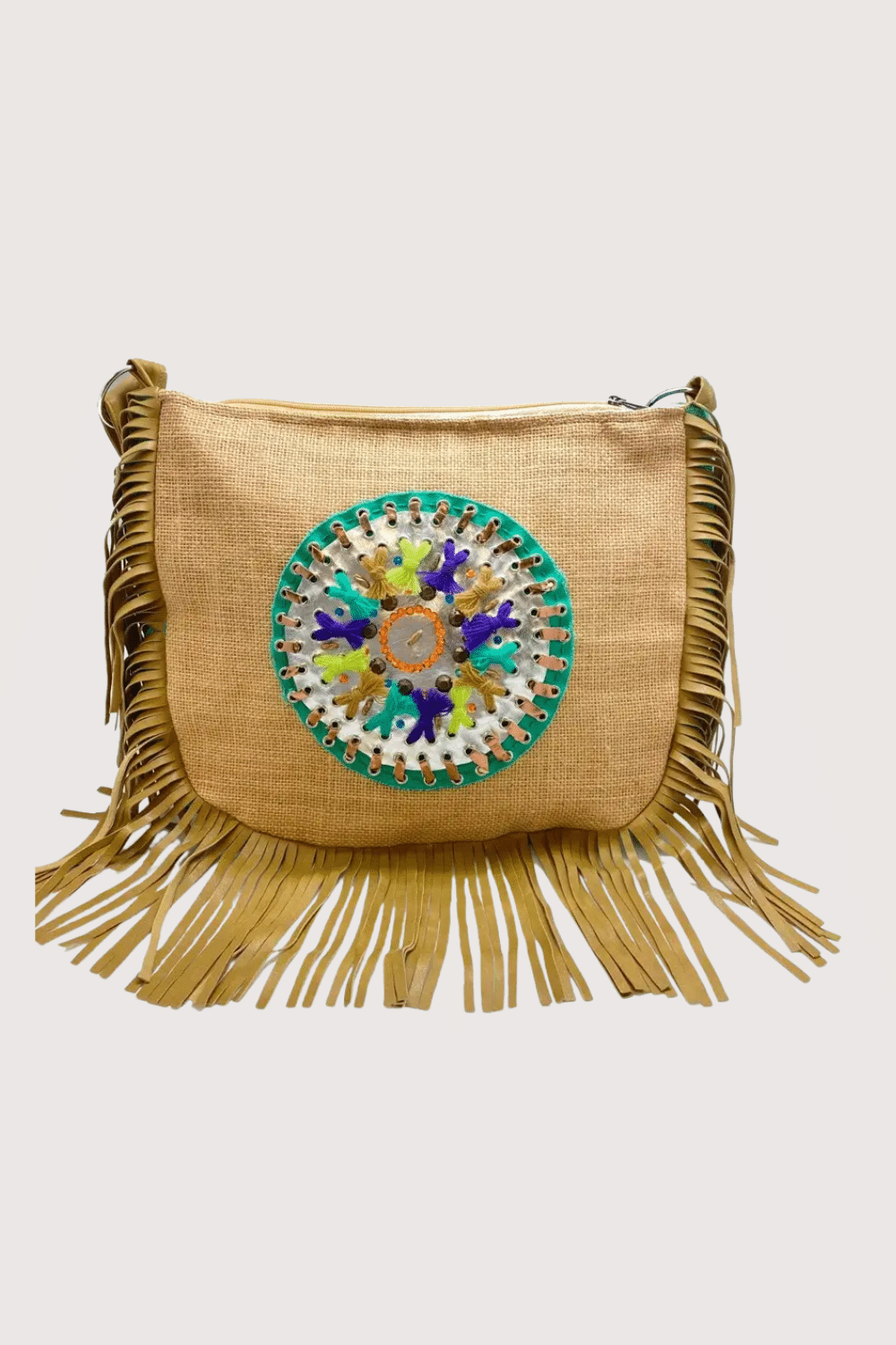 Tan Embroidered Fringe Crossbody