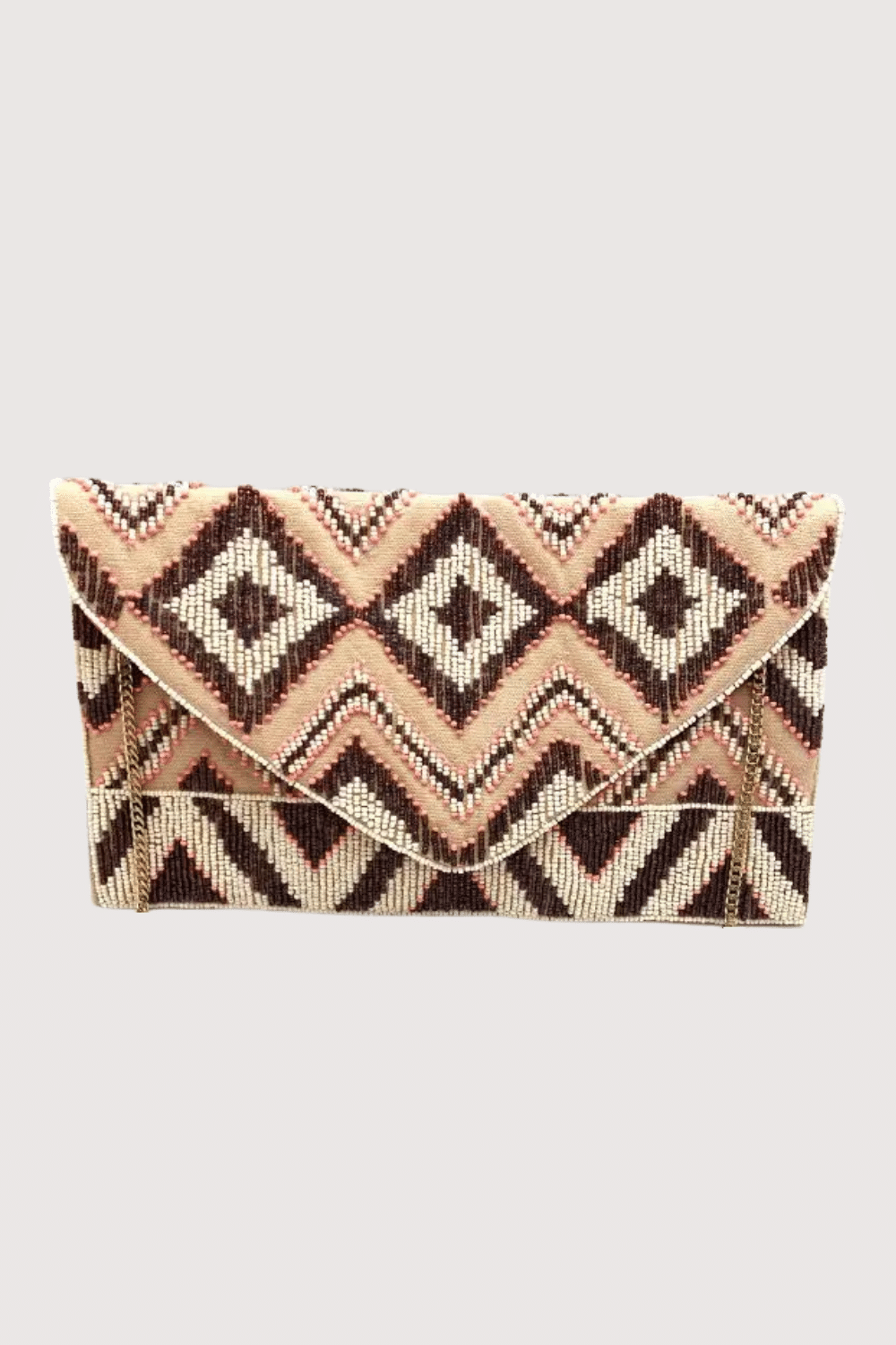 Peach And Brown Beaded Geometric Clutch