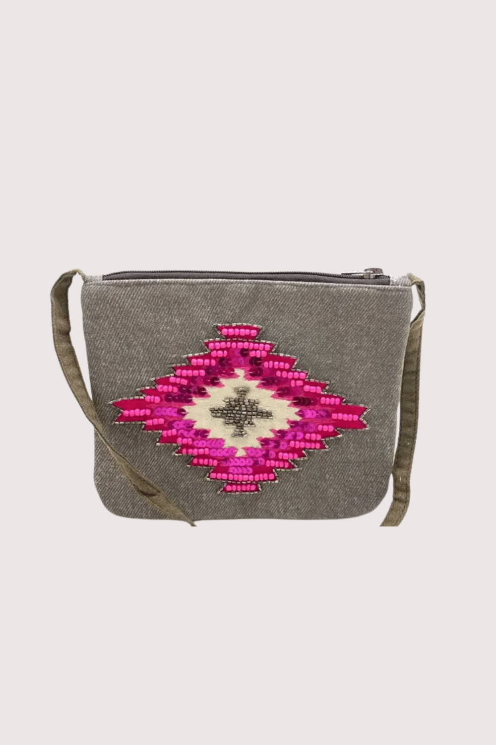 Gray Fabric Clutch With Beaded Desert Design
