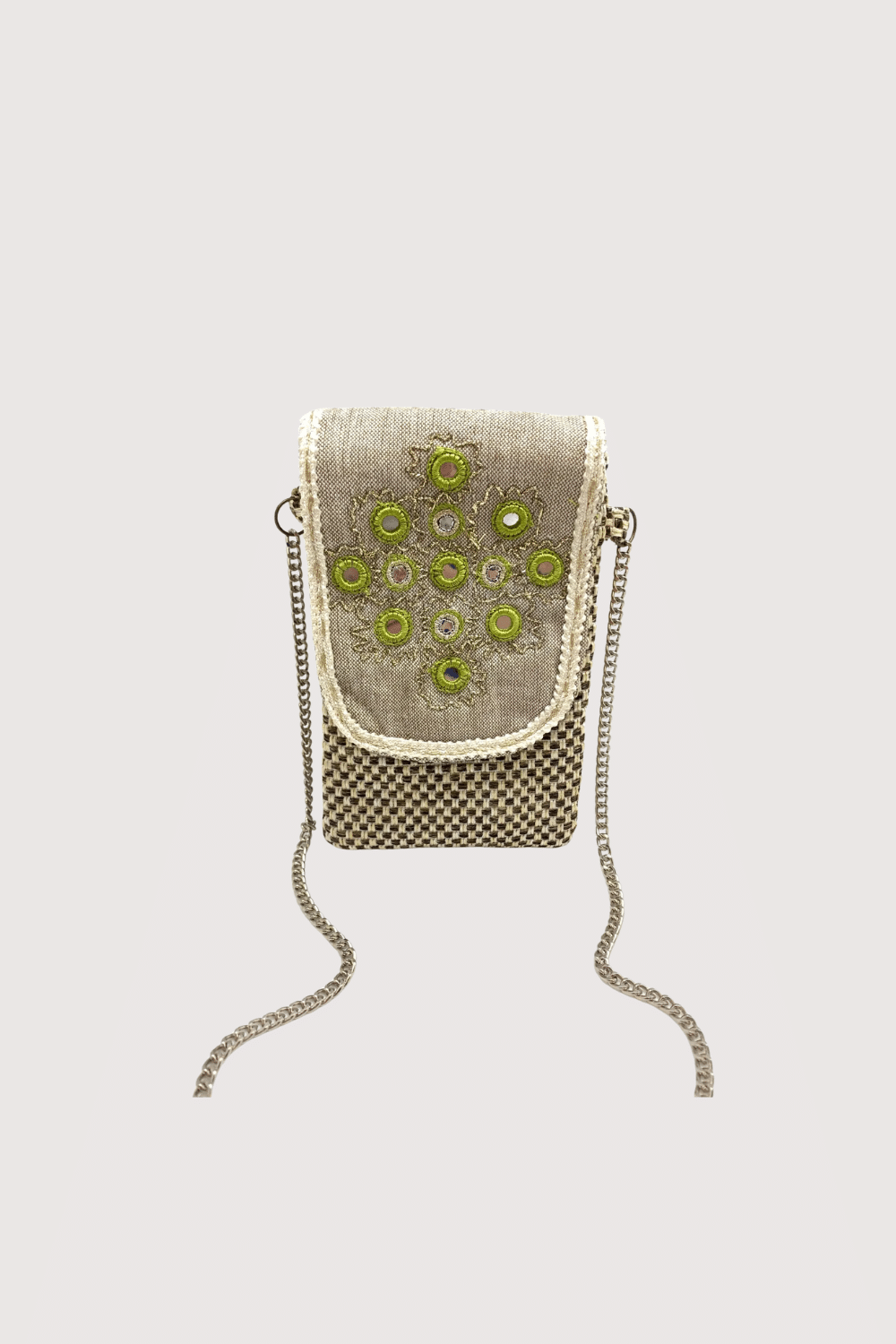 Woven Fabric Phone Wallet With Mirror Work