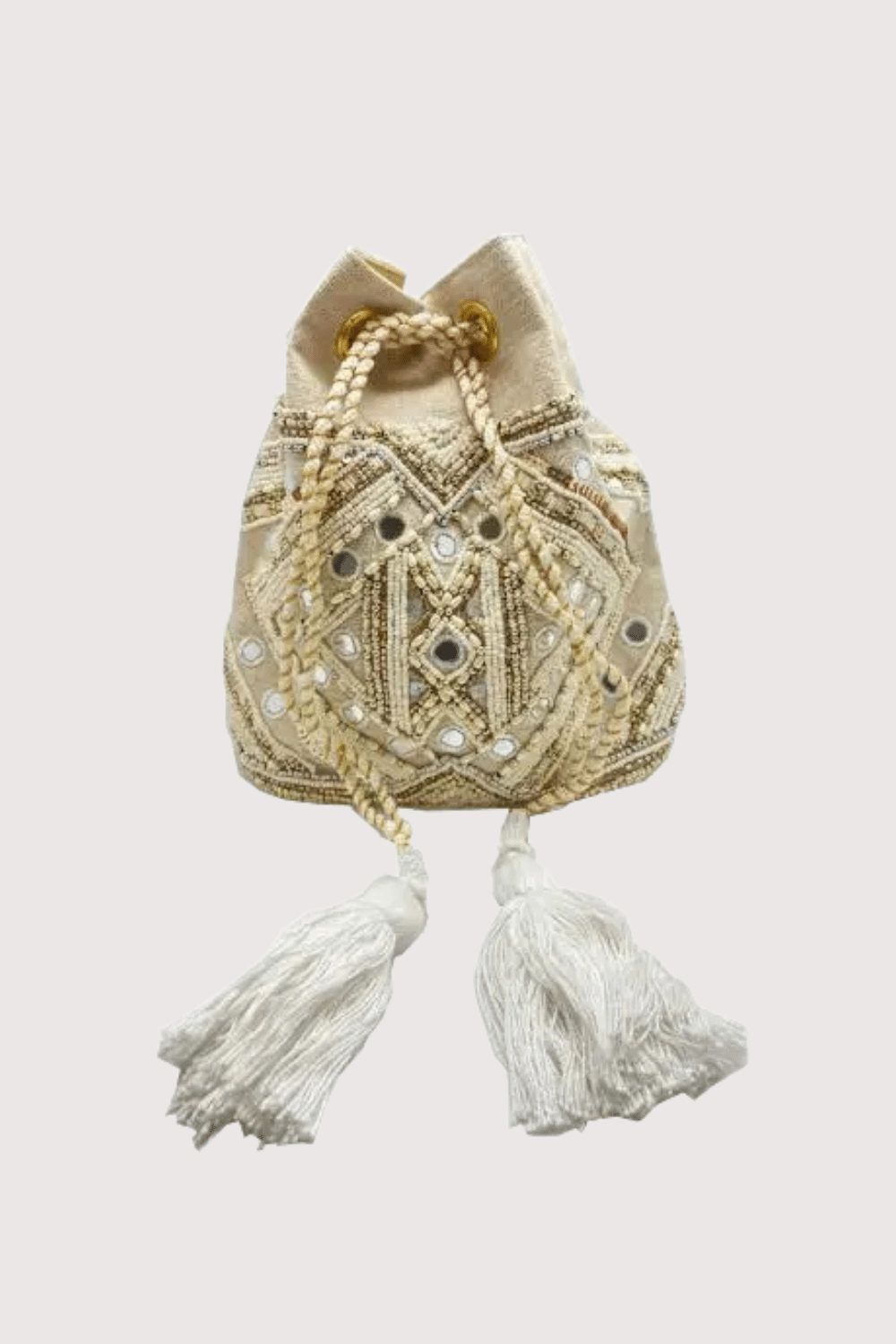 Cream White And Gold Beaded Bucket Bag