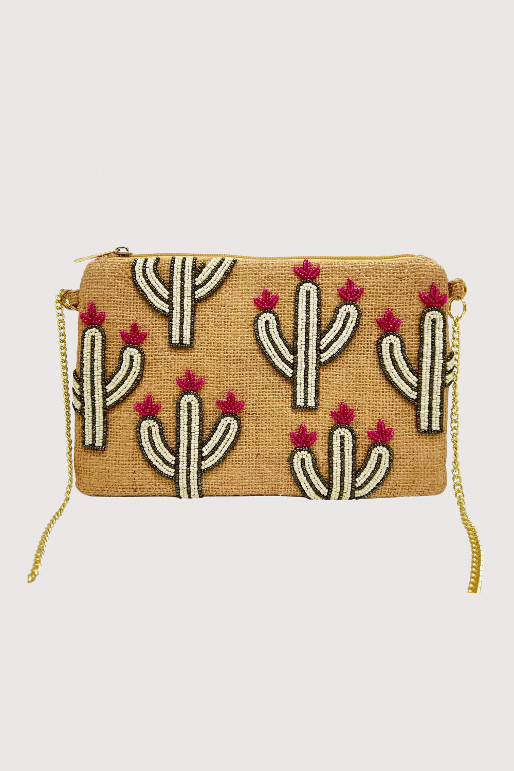Jute Cactus W/ Pink Flowers Beaded Bag