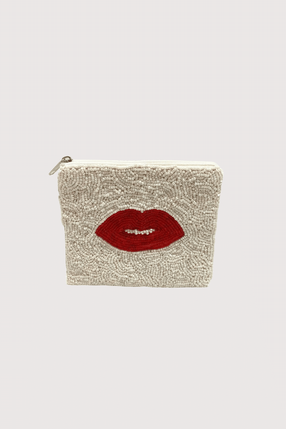 Red Lips White Beaded Pouch