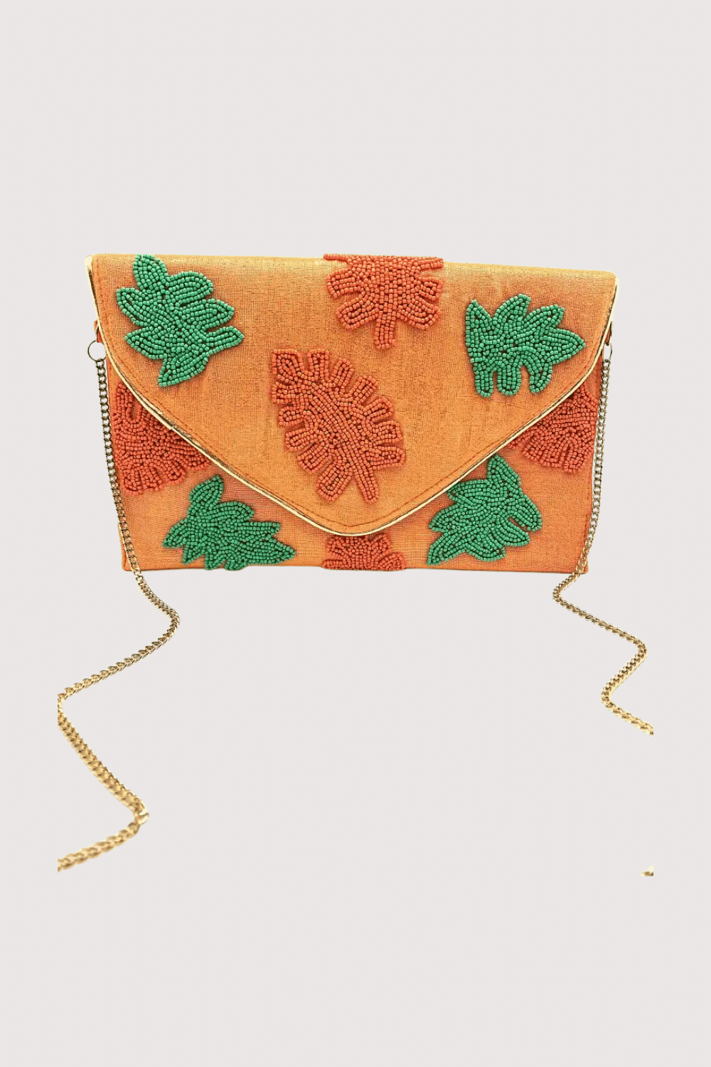 Orange Clutch With Orange And Green Beaded Palm Leaves