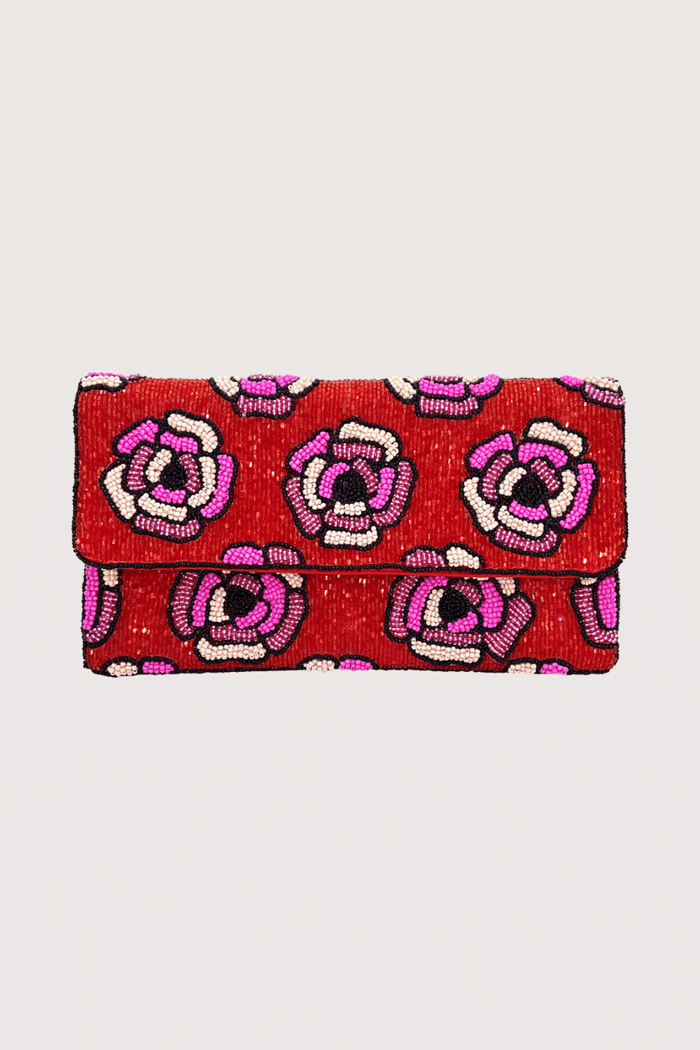 Red Beaded Clutch With Pink Beaded Roses