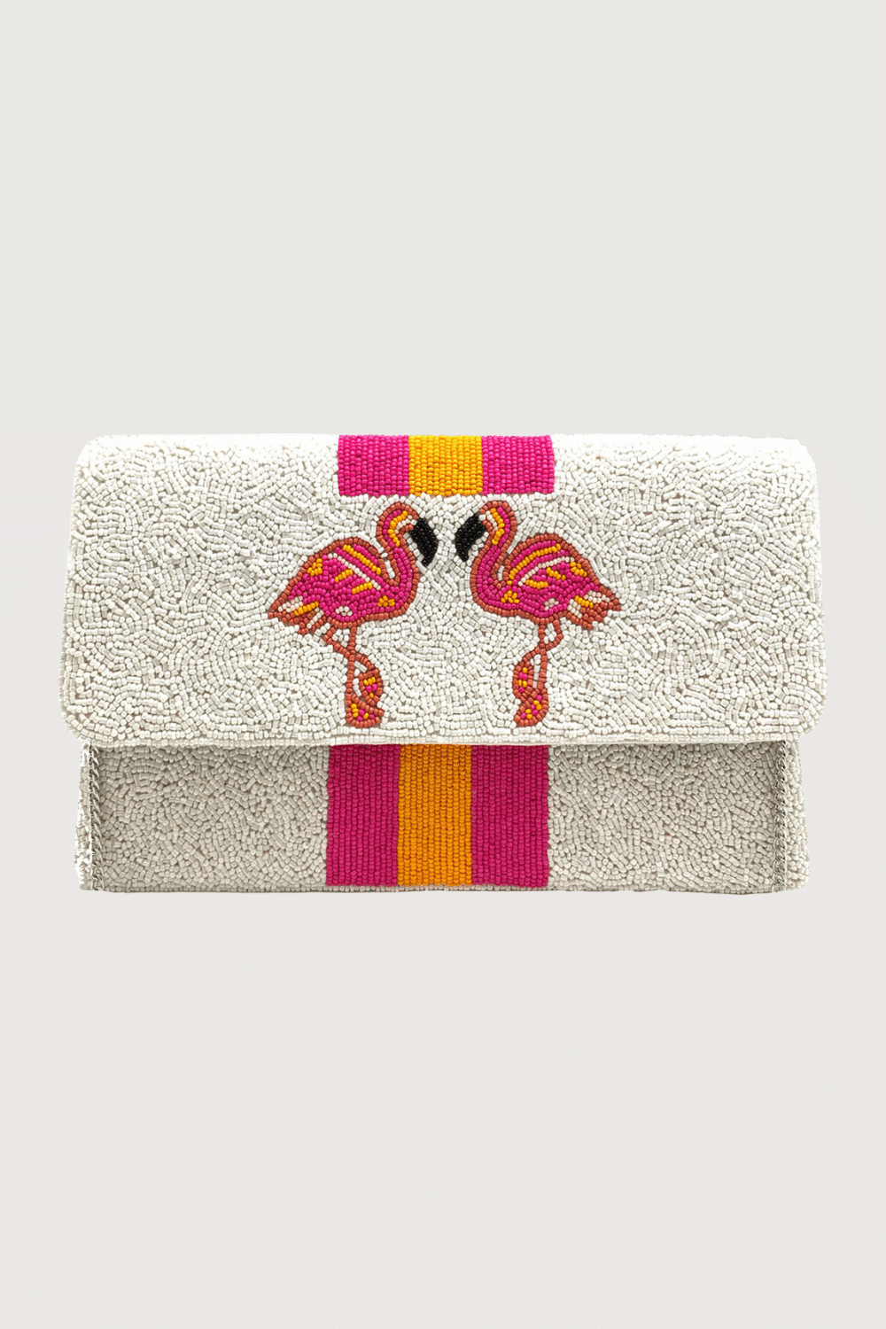 Japanese Beaded Clutch With Fuchsia Stripes And Flamingos