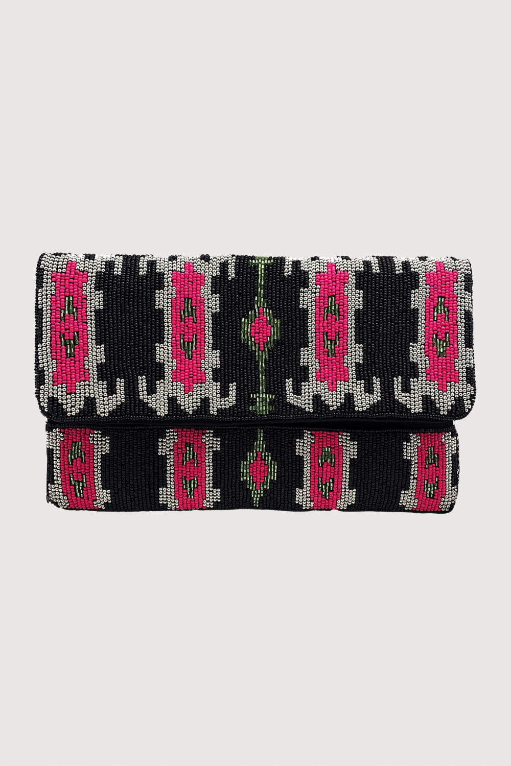 Black & Fuchsia Ikat Beaded Clutch