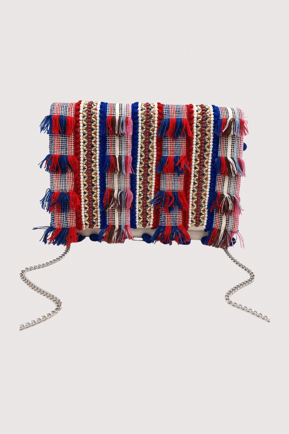 Blue & Red Fringe Beaded Clutch
