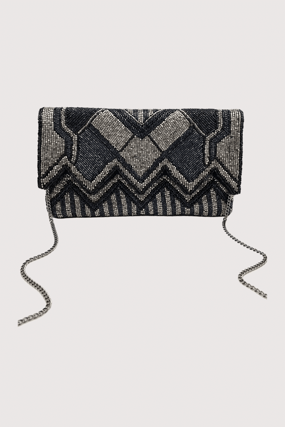 Metallic Beaded Clutch With Zigzag Cutout Flap