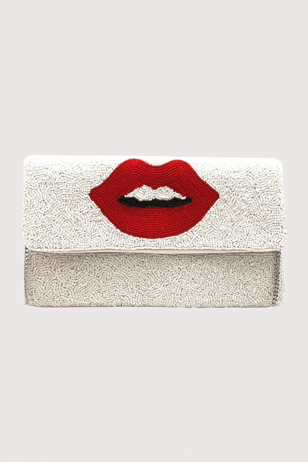 White Beaded Clutch With Red Lips
