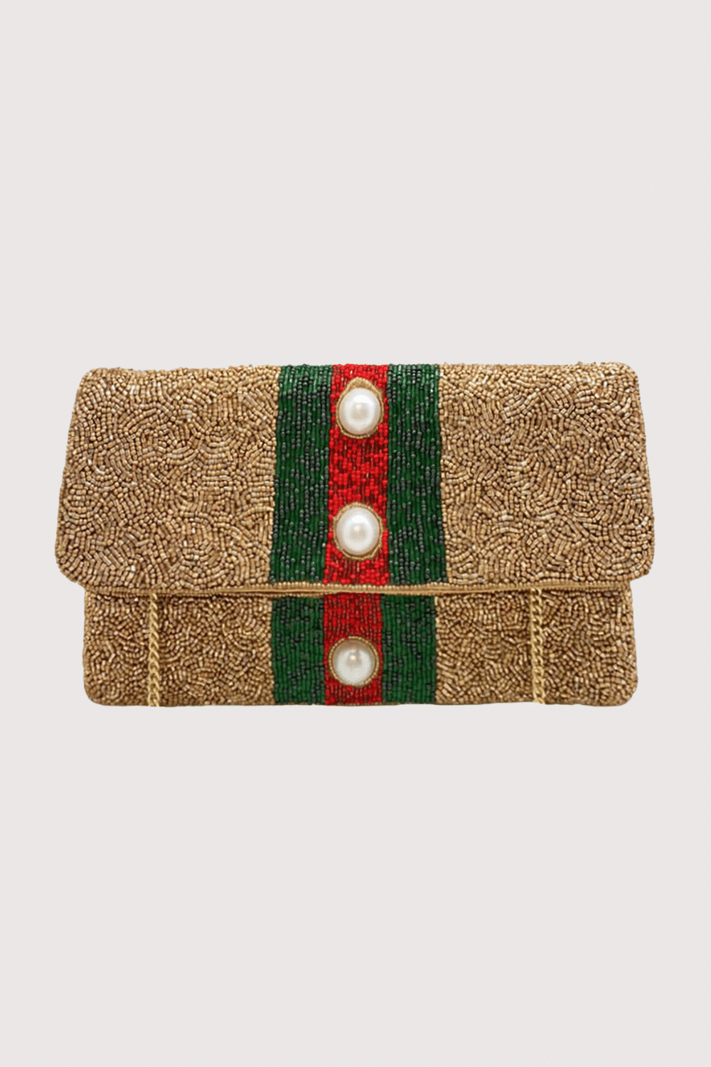 Gold Clutch With Red And Green Stripe With Pearls