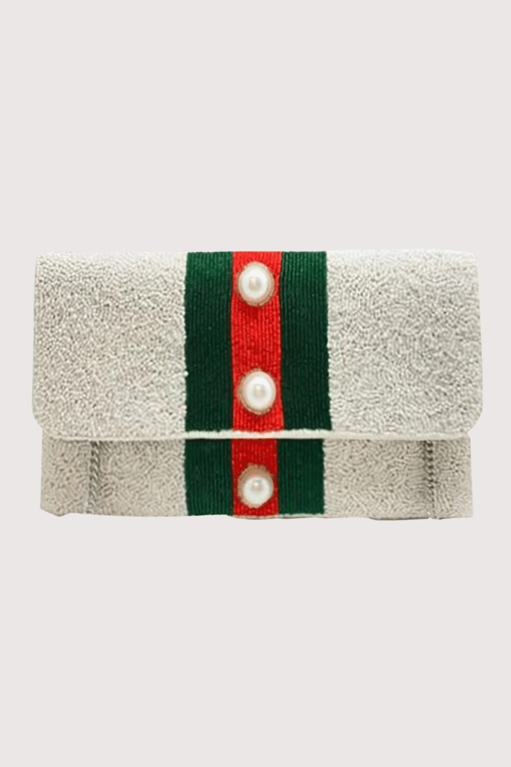 White Clutch With Red And Green Stripe With Pearls