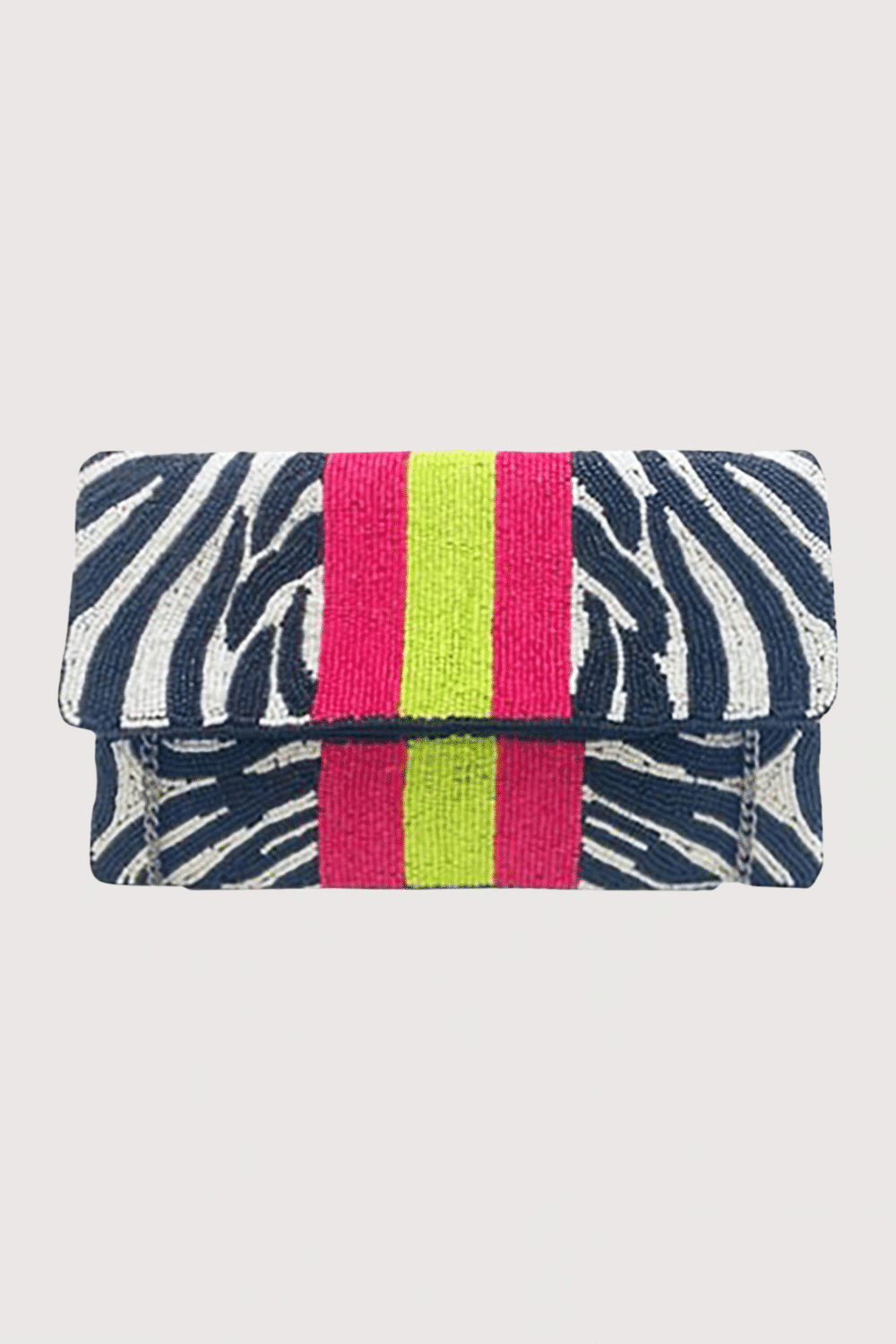 Zebra Print Beaded Clutch W/ Pink And Green Stripes
