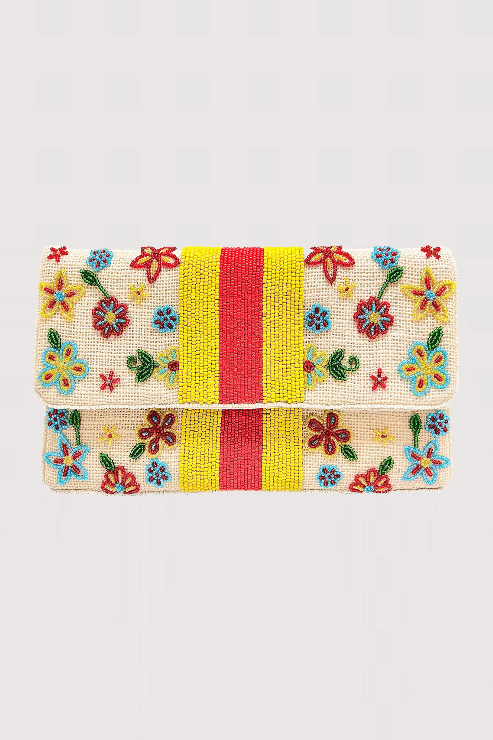 Jute Clutch With Beaded Flowers And Yellow/Red Stripe