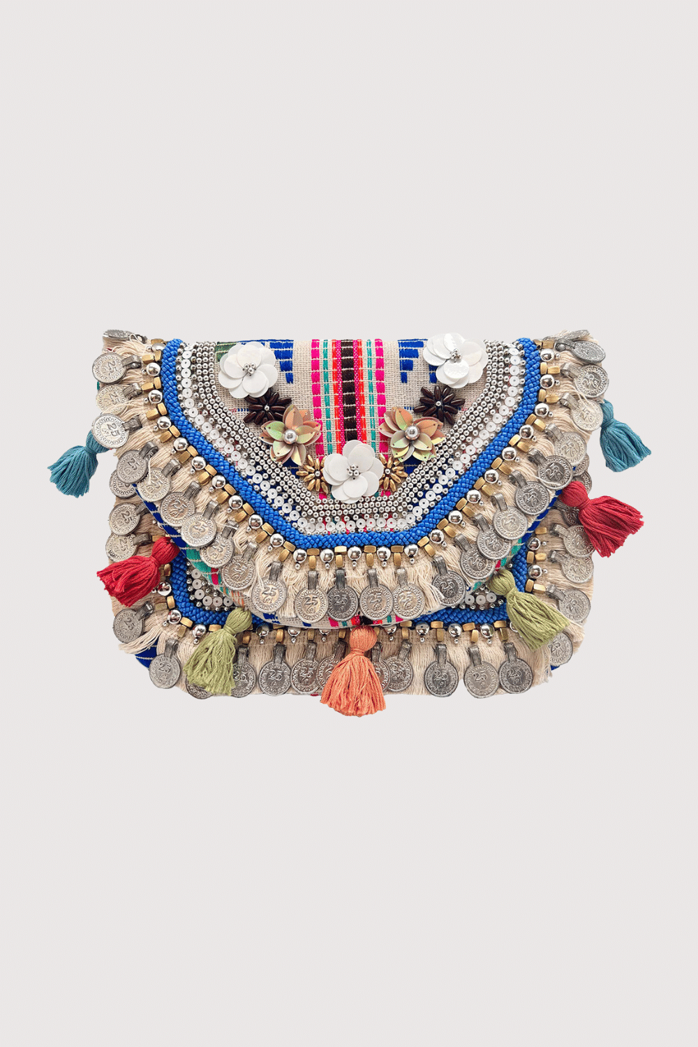 Blue With Cream Fringe And Multi Colored Tassel Large Clutch