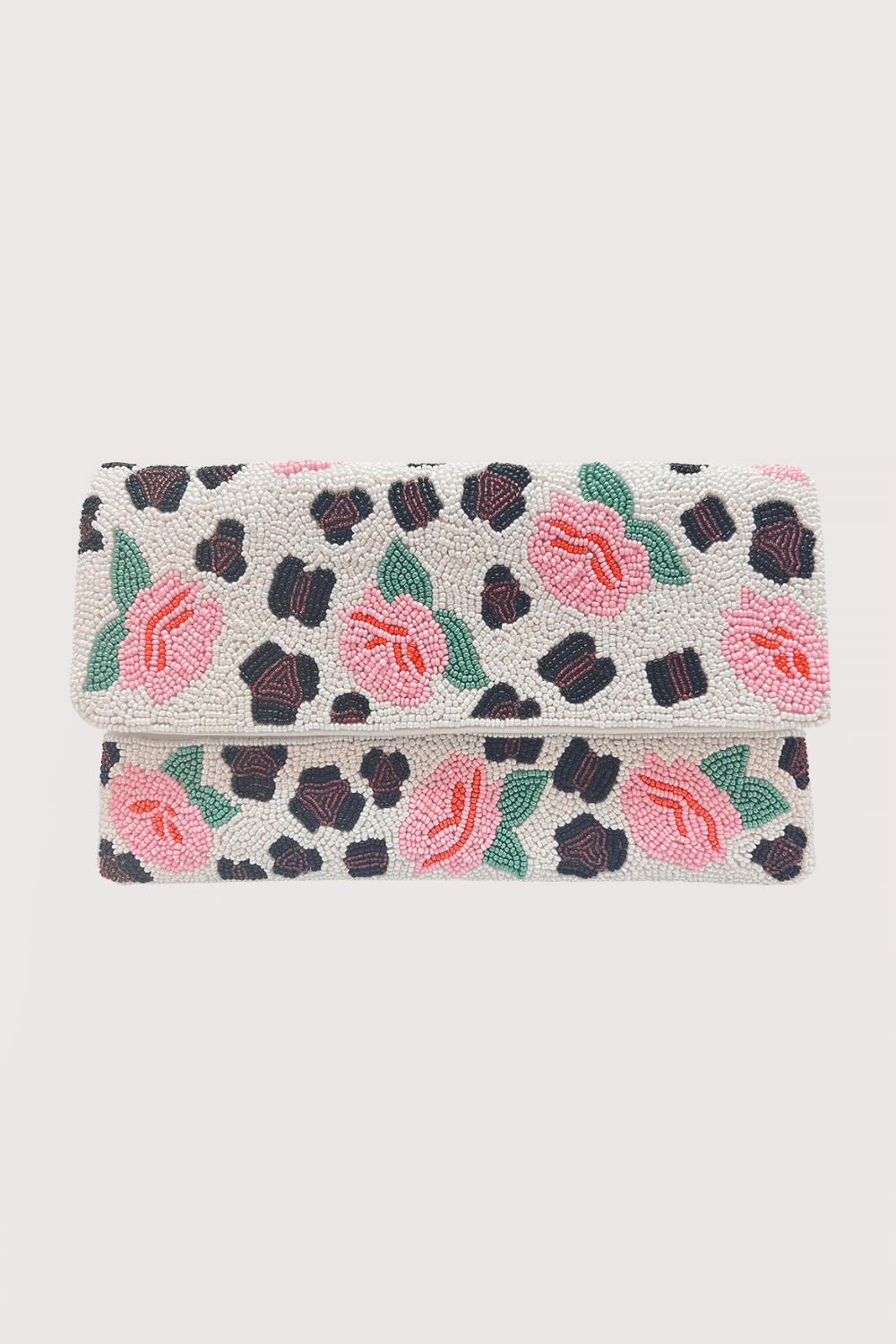 Pink Flowers & Animal Print Beaded Clutch