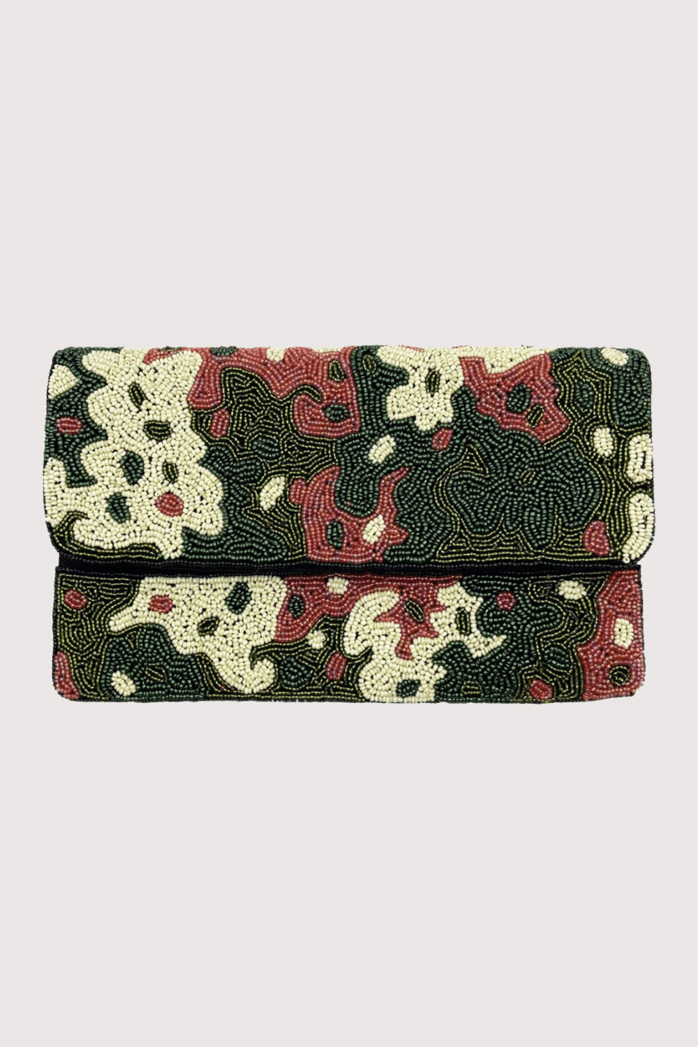 Olive Green/Cream Camo Beaded Clutch