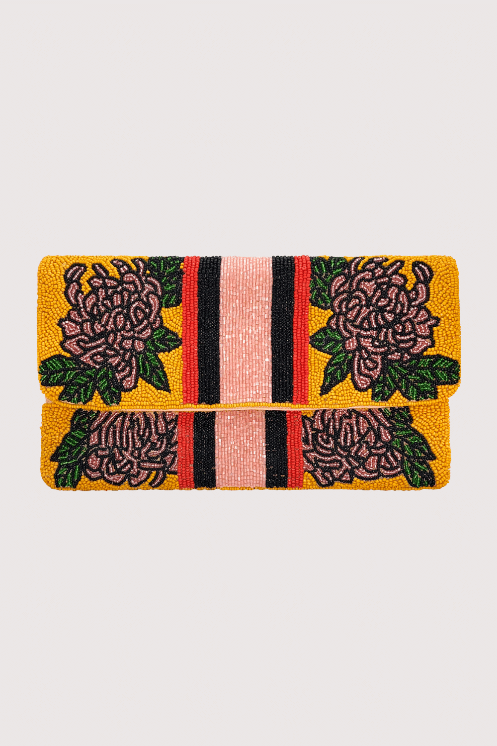 Pink Florals With Red & Black Outlines Beaded Clutch