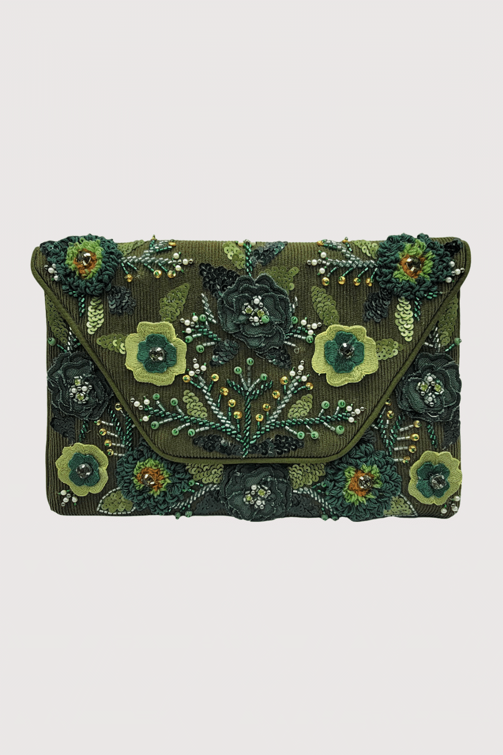 Green Tones Flowers Beaded Clutch