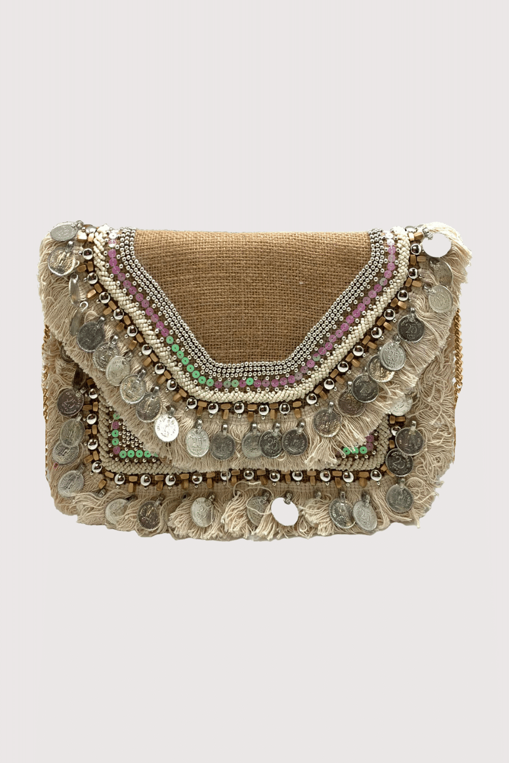 Nude Coin Jute Beaded Clutch