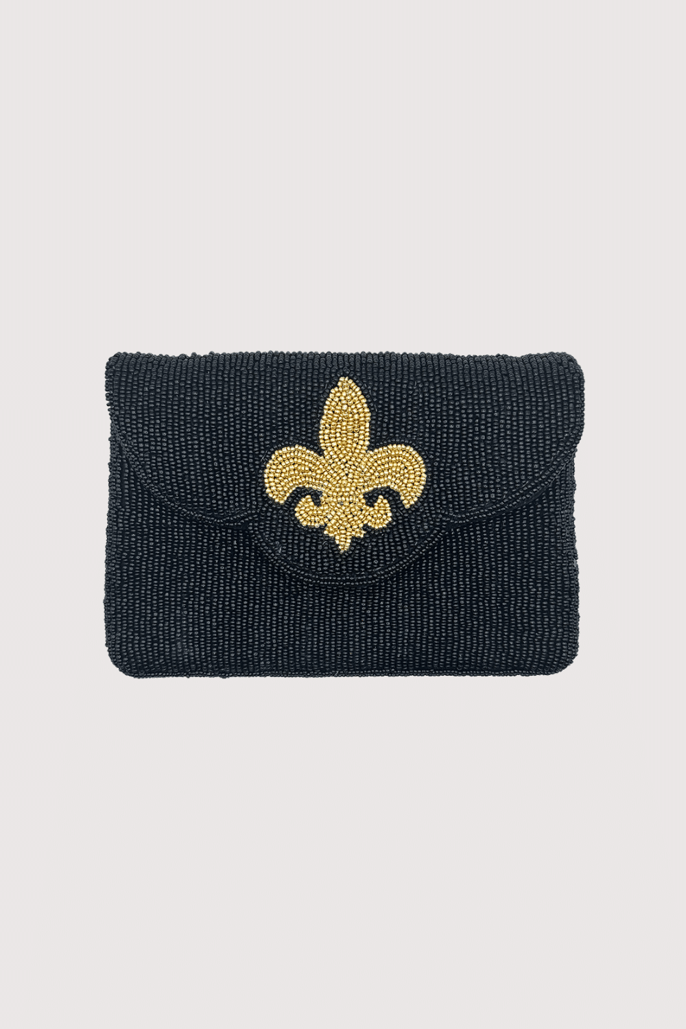 Black Beaded Mini Clutch With Gold Fleur De Lis
