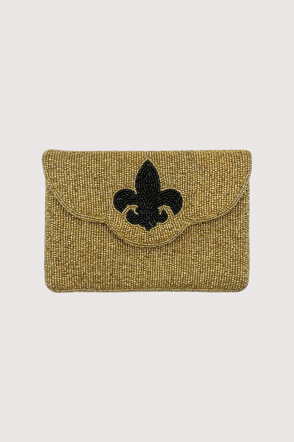 Gold Beaded Mini Clutch With Black Fleur De Lis