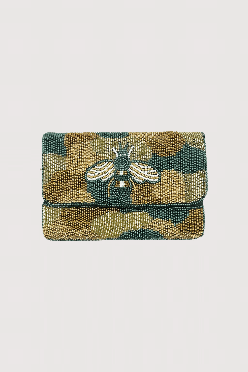 Green And Gold Beaded Camo Bee Mini Clutch