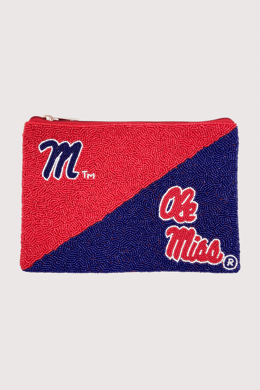 Ole Miss Red & Blue Zipper Top Beaded Crossbody Bag