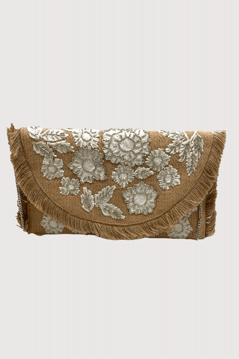 Jute Fringe Everyday Clutch With White Embroidery
